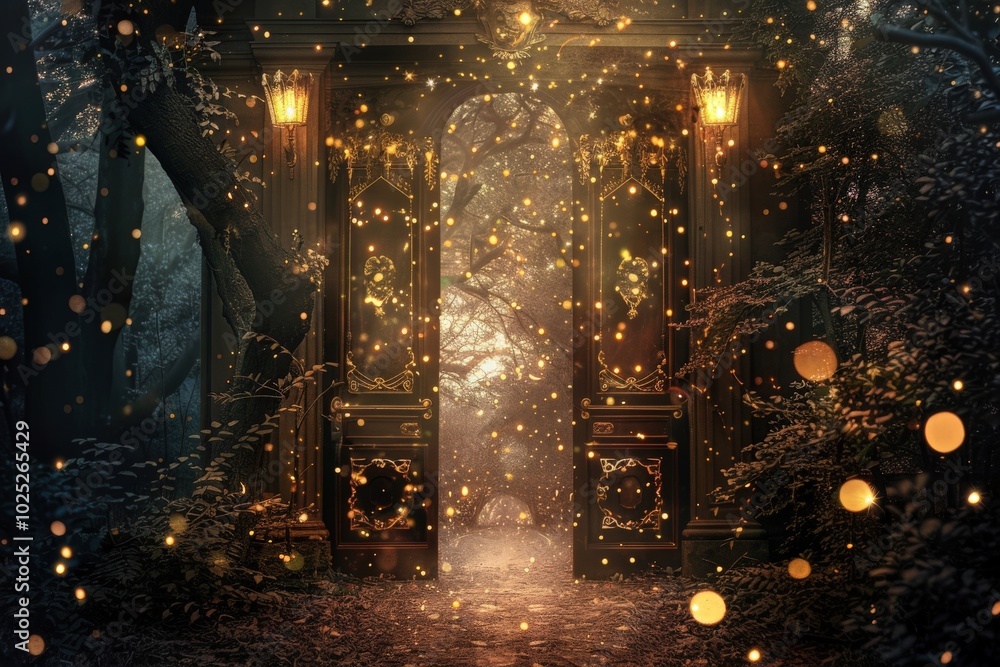 Fototapeta premium A dark forest with a glowing archway, generative ai image