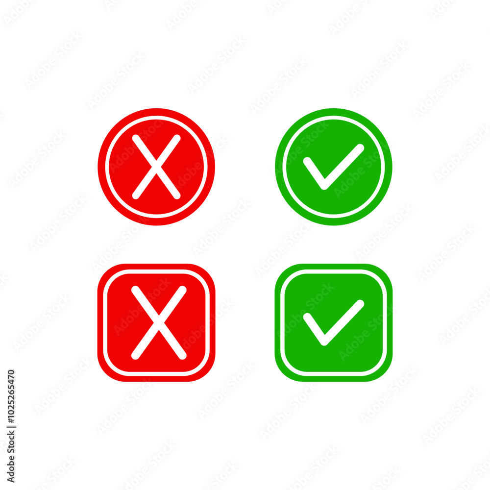 Check mark icon symbol set. Check box icon with right and wrong yes or no circle square buttons check mark icons in green and red color Check mark icon symbol set. Check box icon with right and wrong yes or no circle square buttons check mark icons in green and red color