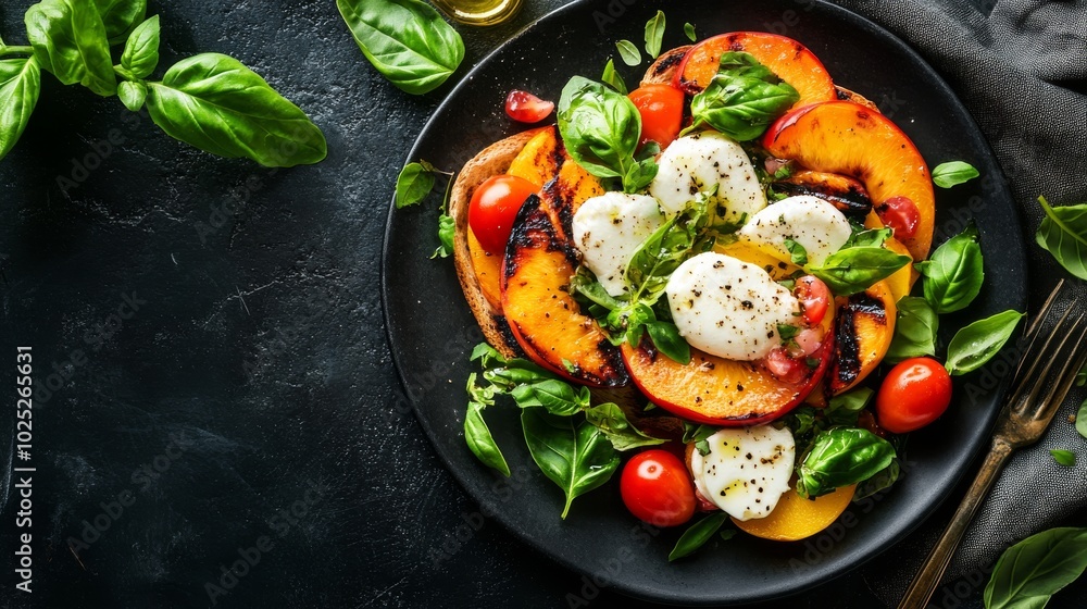 Toast with Grilled peach Caprese salad with mozzarella. Delicious balanced food concept. copy space for text. top view. Toast with Grilled peach Caprese salad with mozzarella. Delicious balanced food concept. copy space for text. top view.