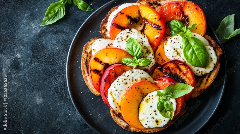 Toast with Grilled peach Caprese salad with mozzarella. Delicious balanced food concept. copy space for text. top view. Toast with Grilled peach Caprese salad with mozzarella. Delicious balanced food concept. copy space for text. top view.