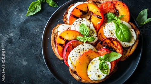 Toast with Grilled peach Caprese salad with mozzarella. Delicious balanced food concept. copy space for text. top view. 