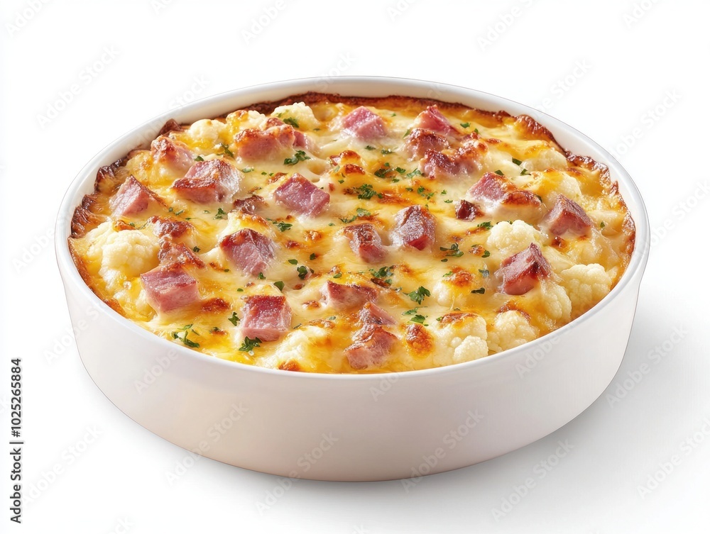 Baked gratin served in a round, white ceramic dish. Baked gratin served in a round, white ceramic dish.