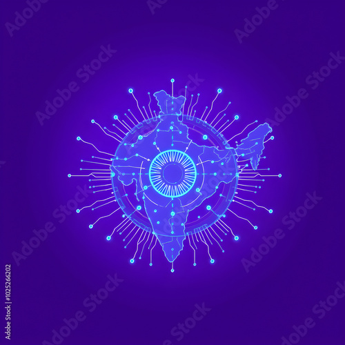 A beautifully image of india made of digital technology. purple background, minimalist, technology, centered, uncropped. Generative AI