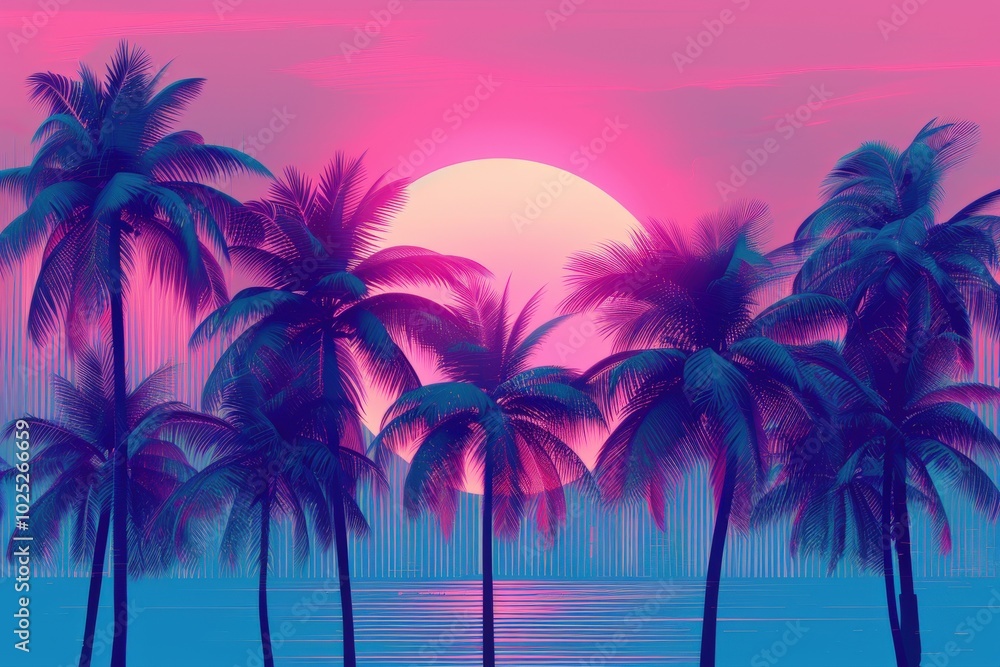 A tropical scene with a pink and blue sky and three palm trees, generative ai image A tropical scene with a pink and blue sky and three palm trees, generative ai image