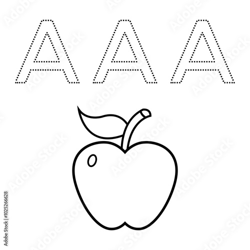  Apple outline drawing for kids coloring book coloring page with Uppercase  A letters for tracing. Vector illustration isolated on white