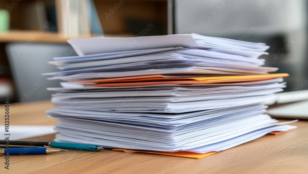 A Stack of Documents on an Office Desk, with Colorful Hardcover Books and a Pen, Symbolizing the Importance of Information A Stack of Documents on an Office Desk, with Colorful Hardcover Books and a Pen, Symbolizing the Importance of Information