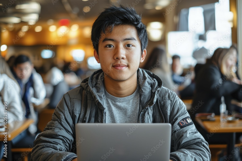 Young Man in a Gray Jacket Using a Laptop in a Cafe Young Man in a Gray Jacket Using a Laptop in a Cafe