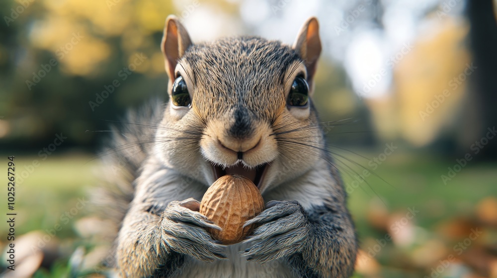 Obraz premium Squirrel, holding a nut, smiling at the camera generative ai