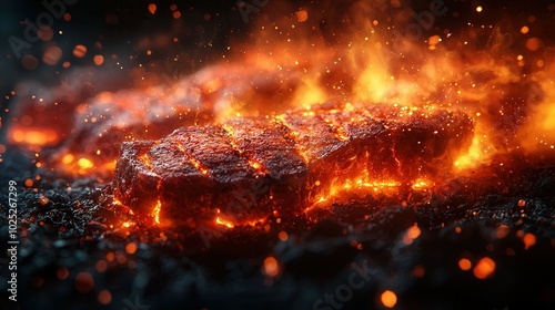 A beautifully grilled steak glowing with embers and flames, creating a visually striking image of delicious food preparation. photo