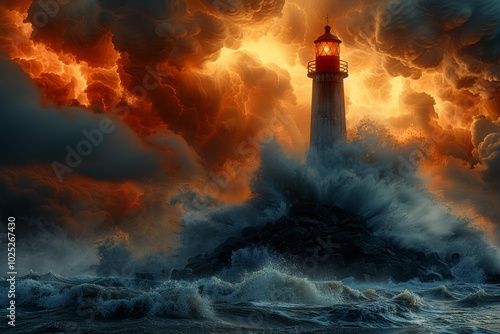 Lighthouse on rocky coast during storm with lightning 