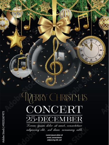 christmas concert flyer with golden musical notes, pine branches and decorations