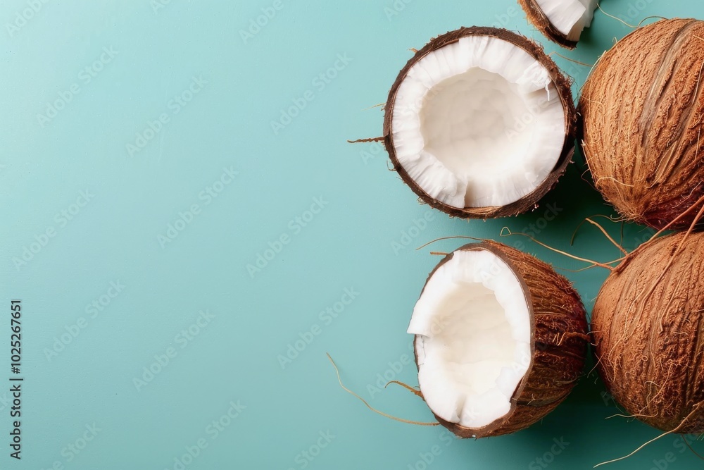Coconut Halves on Blue Background Coconut Halves on Blue Background