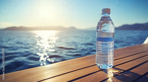 A plastic water bottle on a wooden deck with a view of the ocean.