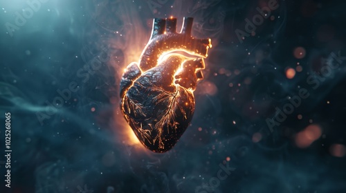 A heart with red flames coming out of it. The heart is surrounded by smoke and fire. The image has a dark and ominous mood