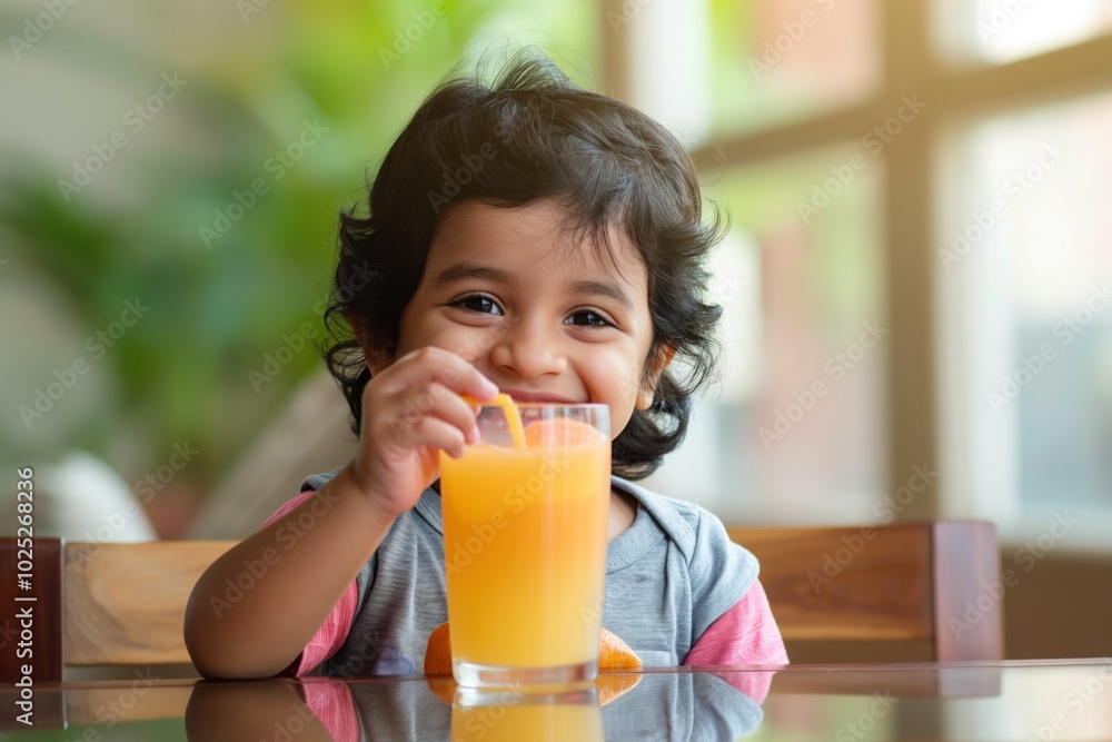 Young child sits at wooden table wearing pink shirt holding glass of orange juice. Dark hair, serene atmosphere, window view of tree outside. Indian boy or girl drinks fruit juice at home. Young child sits at wooden table wearing pink shirt holding glass of orange juice. Dark hair, serene atmosphere, window view of tree outside. Indian boy or girl drinks fruit juice at home.