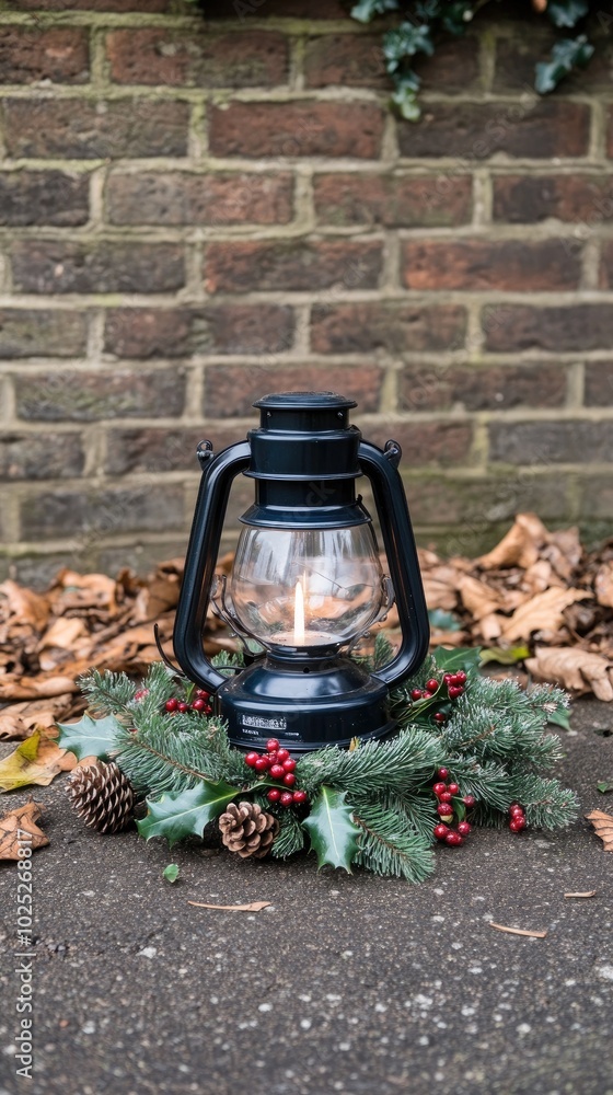 Obraz premium A beautifully arranged black lantern with lit candles sits among pine cones and greenery on a fireplace shelf, enhancing the festive atmosphere of the space during the holidays