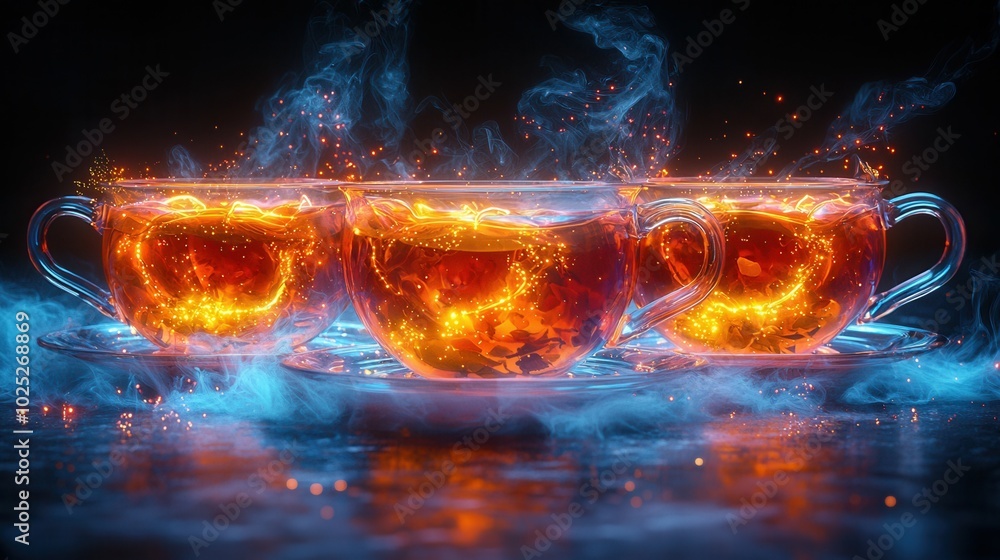 Three beautifully designed teacups filled with glowing, explosive liquid and surrounded by swirling smoke effects against a dark background. Three beautifully designed teacups filled with glowing, explosive liquid and surrounded by swirling smoke effects against a dark background.