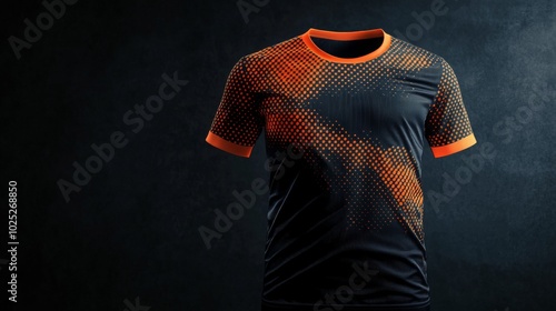 T-shirt jersey design with geometric halftones, front view mockup. Sport club template. 