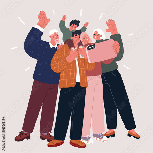 Cartoon vector illustration of a family of three generations waving and taking a selfie with a phone