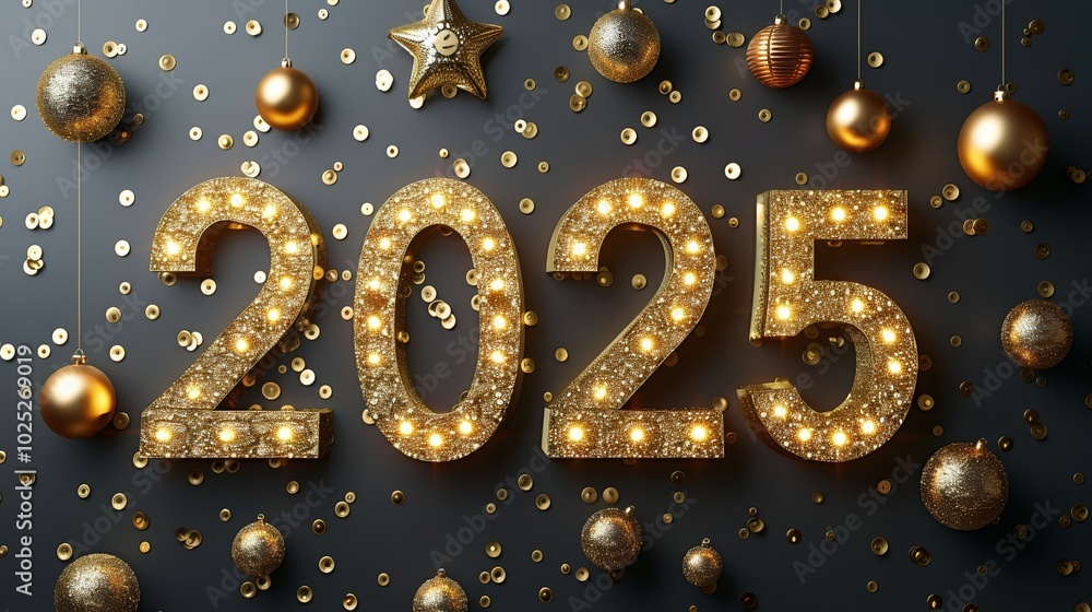 The New Year 2025 Surrounded by Gold Balls and Ornaments The New Year 2025 Surrounded by Gold Balls and Ornaments
