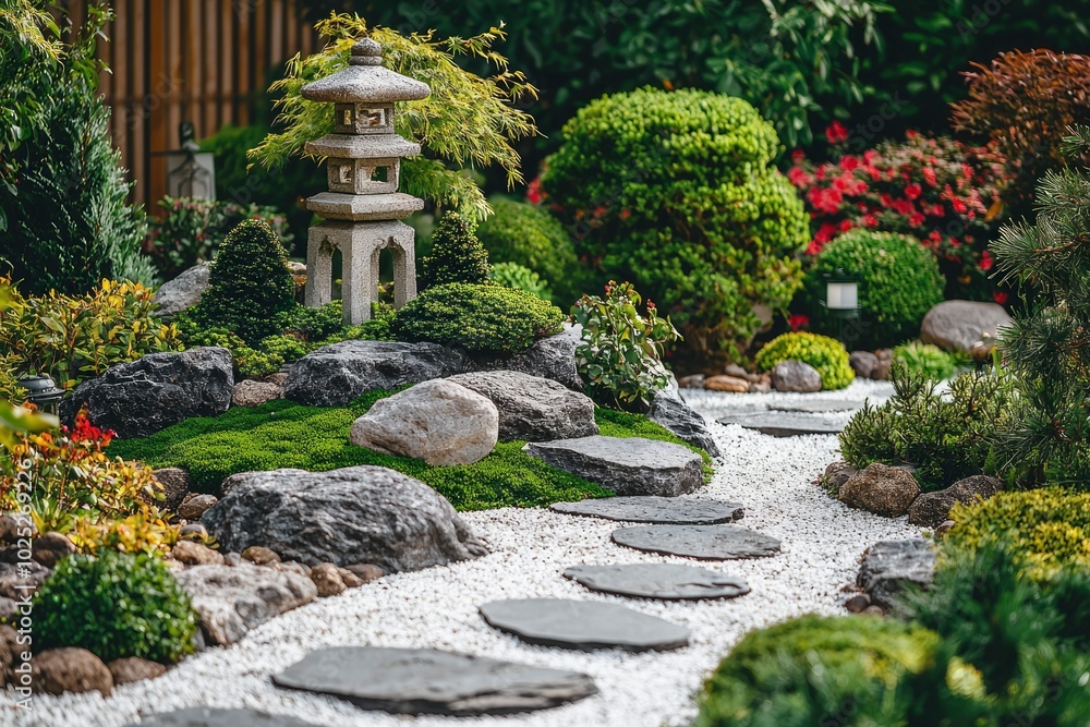 Stone Pagoda and Stepping Stones in a Japanese Garden Stone Pagoda and Stepping Stones in a Japanese Garden