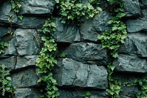 Green Ivy Climbing on a Gray Stone Wall photo