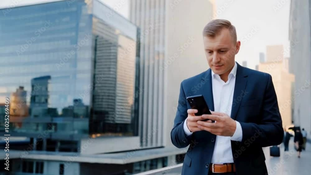 A serious, successful adult Caucasian businessman wearing a formal outfit is seen strolling through a corporate business sector. A serious, successful adult Caucasian businessman wearing a formal outfit is seen strolling through a corporate business sector.