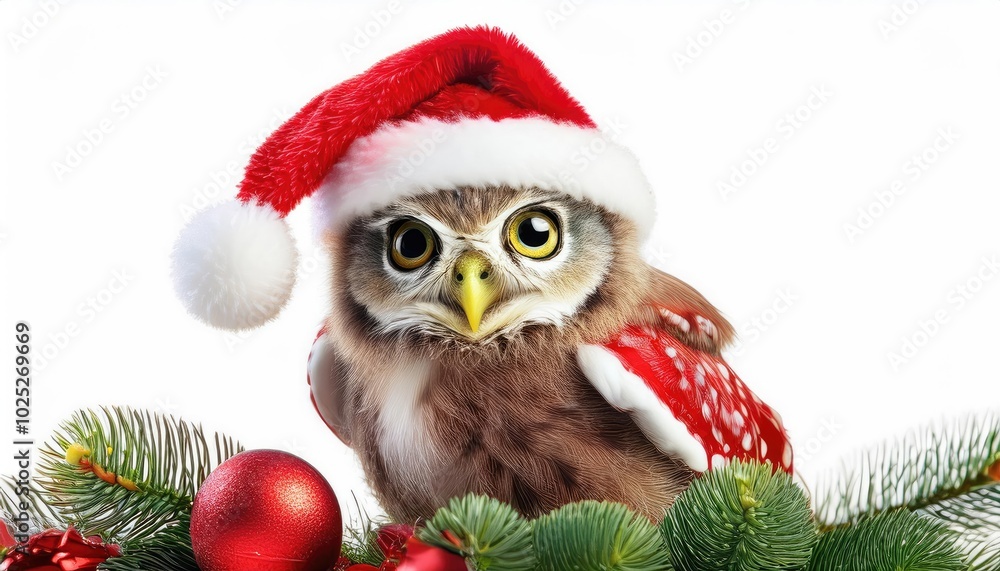 Owl Wearing Santa Hat with Christmas Tree. Owl Wearing Santa Hat with Christmas Tree.