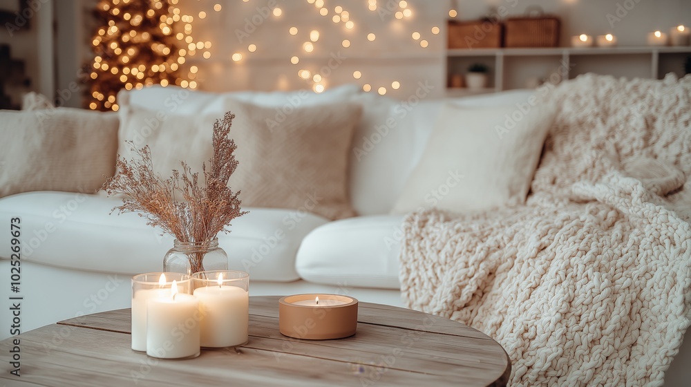 Cozy living room with candles, knitted blanket, and soft lighting for a warm ambiance Cozy living room with candles, knitted blanket, and soft lighting for a warm ambiance