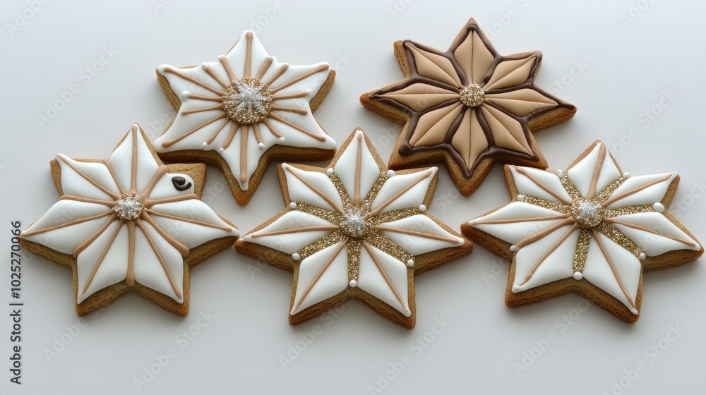 A delightful display of cute gingerbread star cookies with white icing and pink sprinkles, resembling snow peaks, on a soft fur surface, enhanced by red Christmas decorations A delightful display of cute gingerbread star cookies with white icing and pink sprinkles, resembling snow peaks, on a soft fur surface, enhanced by red Christmas decorations