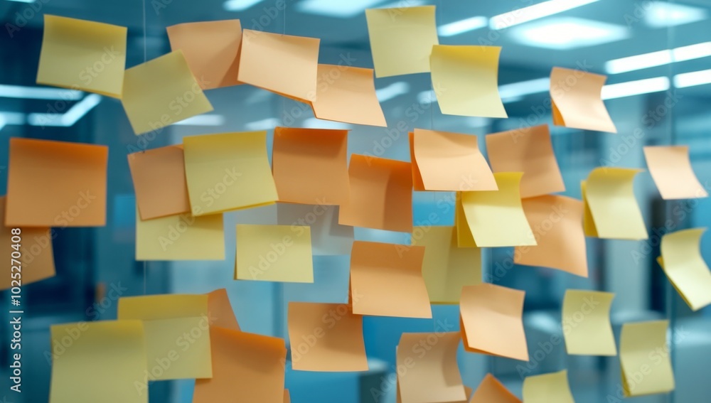 Post-it Notes Hanging from Strings in an Office Space, Blurred Background in Blue and Orange Colors Post-it Notes Hanging from Strings in an Office Space, Blurred Background in Blue and Orange Colors