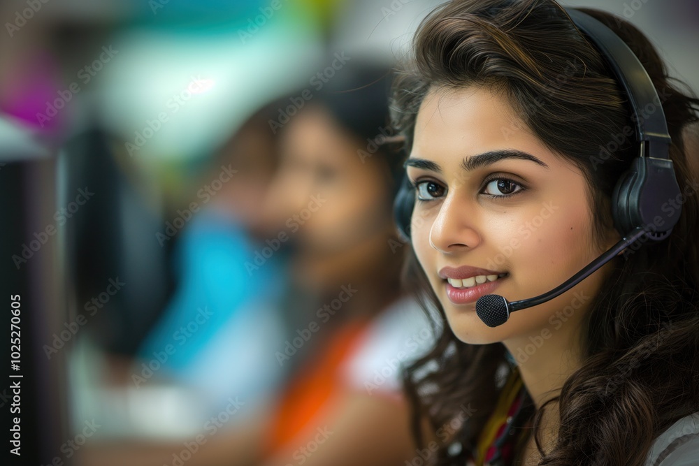 Beautiful woman wearing headset works on computer with monitor displaying screen. Busy workspace with blurred background. Female customer representative sits in front of laptop for online client Beautiful woman wearing headset works on computer with monitor displaying screen. Busy workspace with blurred background. Female customer representative sits in front of laptop for online client