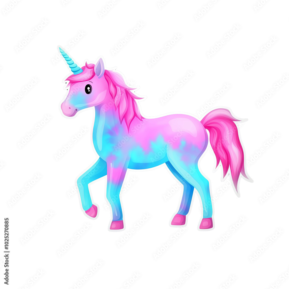 Cute Pastel Unicorn Sticker with Tie-Dye Pink and Blue Fur in Cartoon Style on Transparent Background Cute Pastel Unicorn Sticker with Tie-Dye Pink and Blue Fur in Cartoon Style on Transparent Background