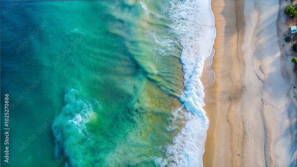 Aerial view of sandy beach and ocean with waves Aerial view of sandy beach and ocean with waves