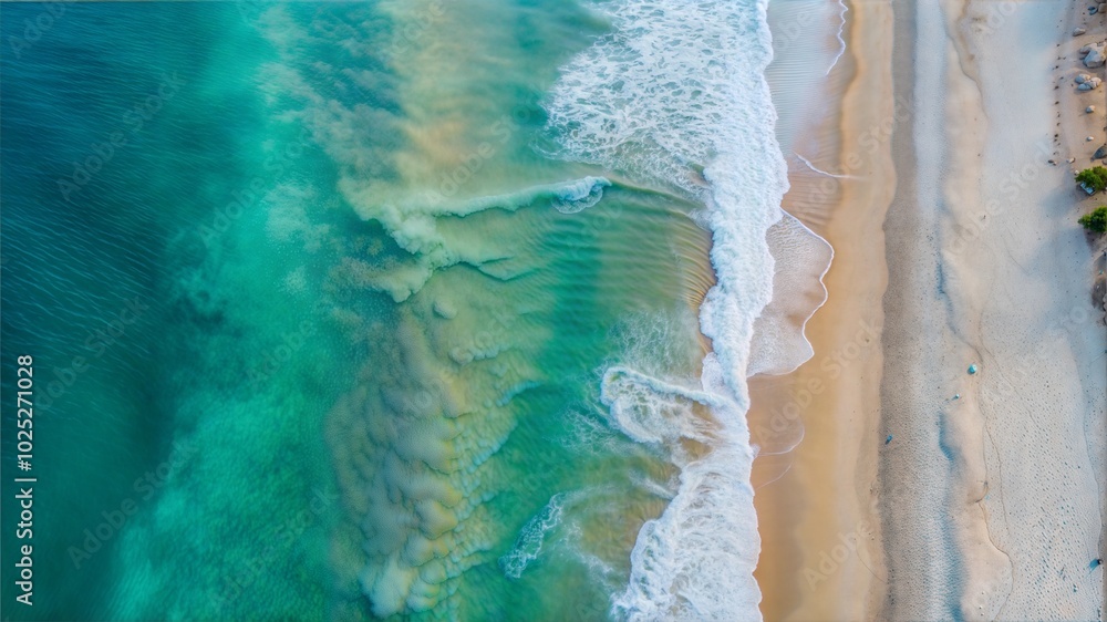 Aerial view of sandy beach and ocean with waves Aerial view of sandy beach and ocean with waves