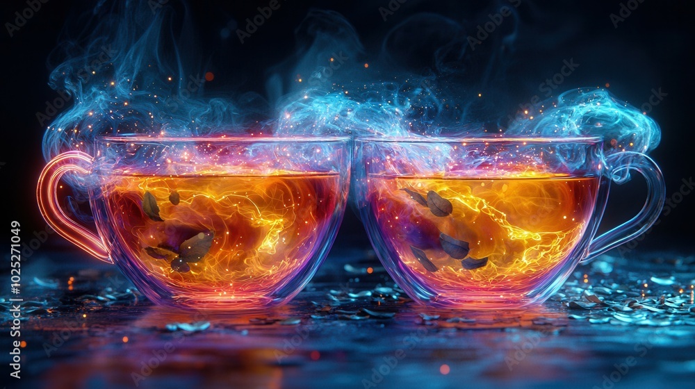 Two steaming cups of tea glowing with vivid orange and blue lights, showcasing a creative fusion of colors and elements in a dark background setting. Two steaming cups of tea glowing with vivid orange and blue lights, showcasing a creative fusion of colors and elements in a dark background setting.