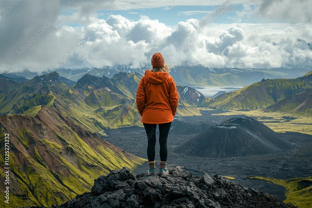 Fototapeta premium Woman in Orange Jacket Stands on a Mountain Top Looking at a Valley