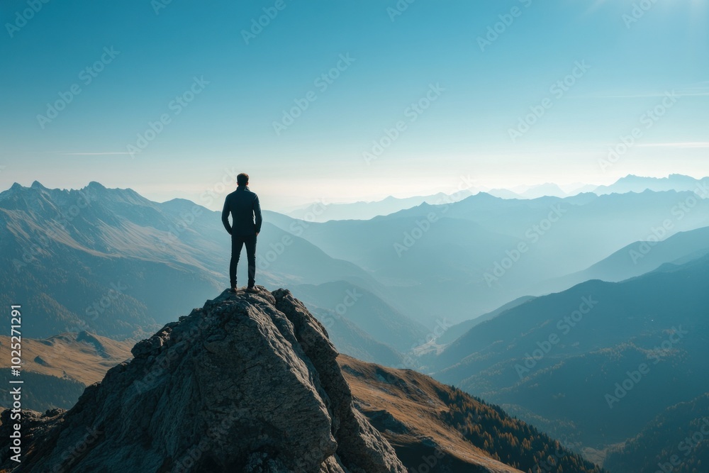 Businessperson standing on mountain peak overlooking vast landscape Businessperson standing on mountain peak overlooking vast landscape