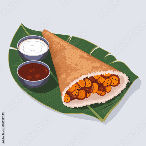 Traditional Indian Masala Dosa with Chutneys - Vector Illustration