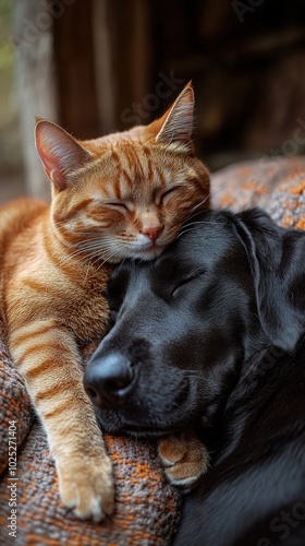 yellow cat sleeping on the head of a black sleeping dog, wallpaper