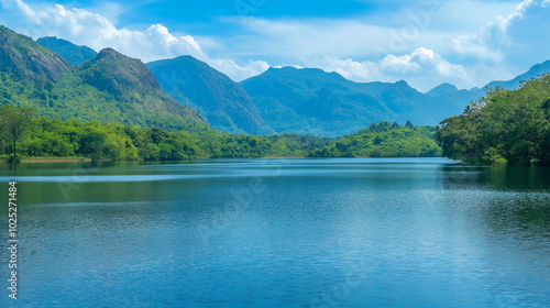 Serene landscape with blue lake and mountains