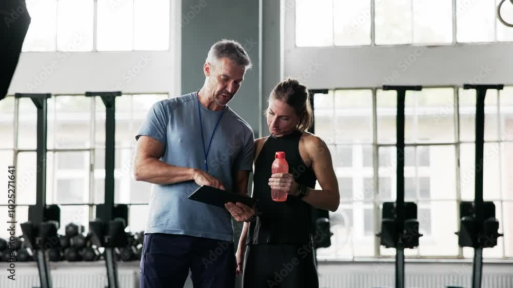 Fitness Trainer Instructor Showing Notes On Clipboard To Woman Fitness Trainer Instructor Showing Notes On Clipboard To Woman