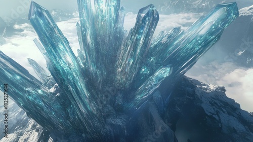 Giant Crystal Formation Piercing the Sky Above Snowy Mountains