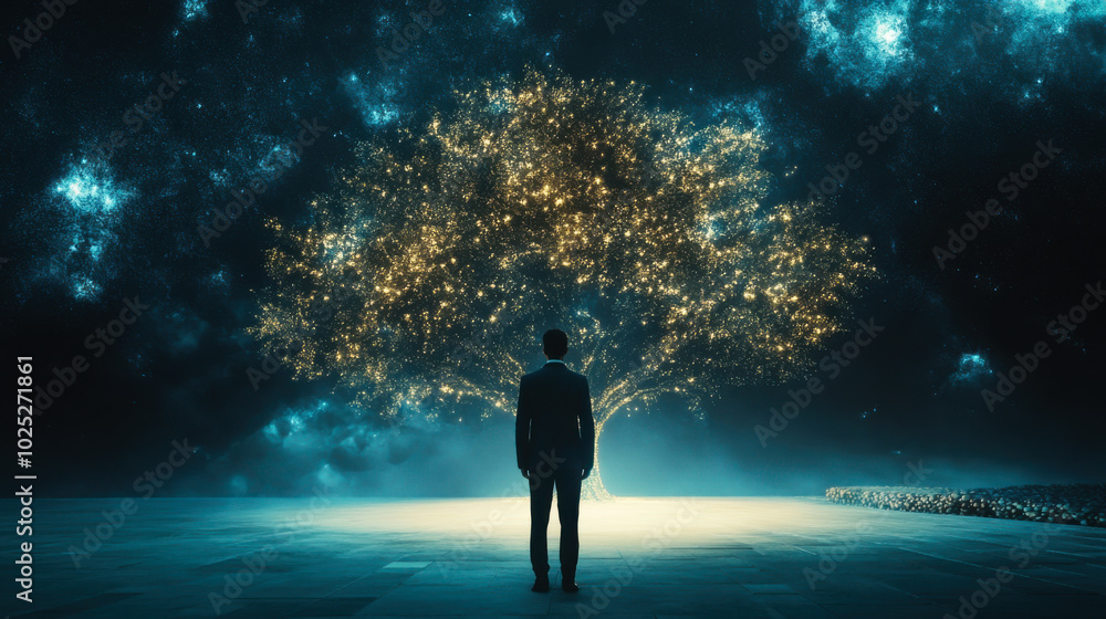 Fototapeta premium A person stands in awe before a majestic glowing tree at twilight, surrounded by a mystical, illuminated atmosphere