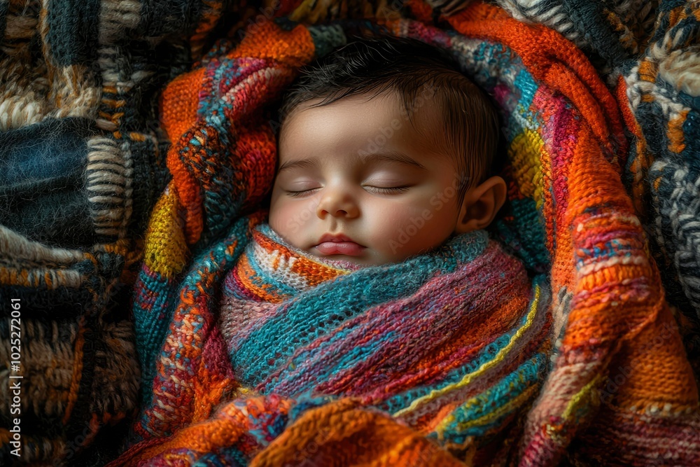 A Baby Sleeping Soundly Wrapped in a Colorful Blanket A Baby Sleeping Soundly Wrapped in a Colorful Blanket