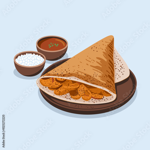 Traditional Indian Masala Dosa with Chutneys - Vector Illustration