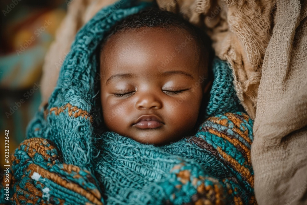 Close-up Portrait of a Sleeping Black Baby Wrapped in a Blue and Brown Blanket Close-up Portrait of a Sleeping Black Baby Wrapped in a Blue and Brown Blanket