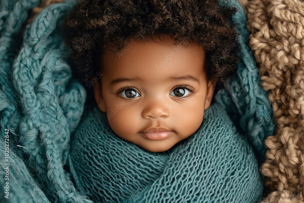 Close-up Portrait of a Baby Girl Wrapped in a Blue Knit Blanket Close-up Portrait of a Baby Girl Wrapped in a Blue Knit Blanket