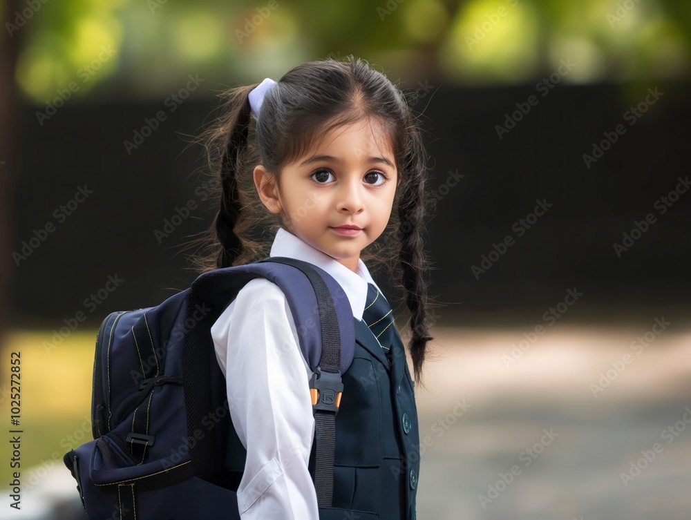 Young Indian schoolgirl in uniform with dark hair and white shirt. Girl wearing blue backpack, hair tied in pigtails. Standing in front of gray wall. Low-angle shot makes her appear larger, prominent. Young Indian schoolgirl in uniform with dark hair and white shirt. Girl wearing blue backpack, hair tied in pigtails. Standing in front of gray wall. Low-angle shot makes her appear larger, prominent.
