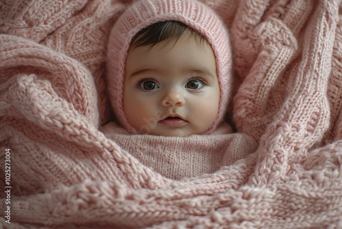 Baby Girl Wrapped in Pink Knitted Blanket